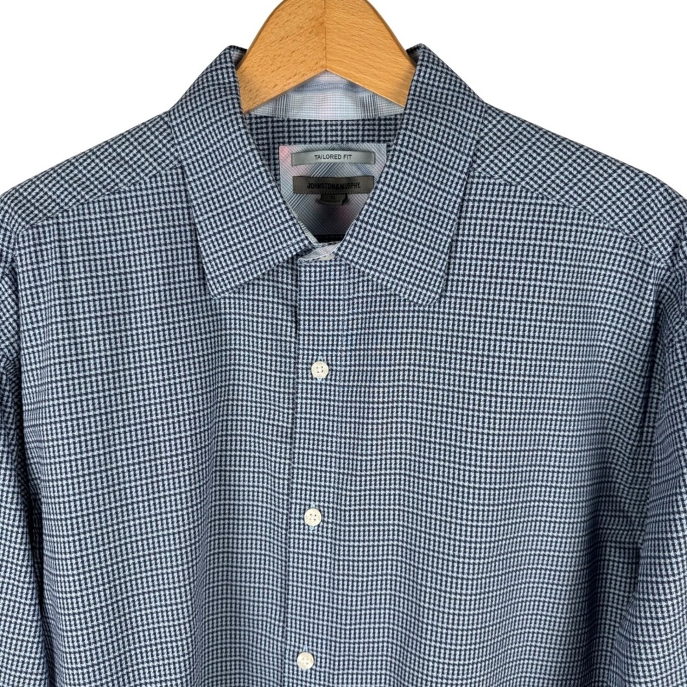 Johnston‎ & Murphy Micro Houndstooth Cotton Shirt Mens XL Button Down Blue